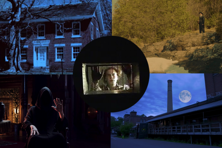 A collage of horror film stills: A haunted house, a man on a cliff, a factory building and hooded figure