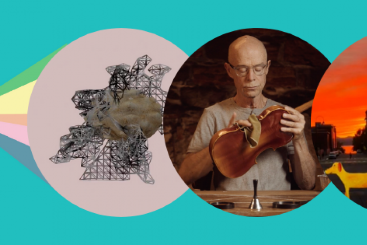 Image: a graphic of a projector with stills from featured artists: Sean Clute’s “Various Galaxies;” John Killacky’s “FLUX;” Gyllian Rae Svensson’s “End of the World (I feel fine).”