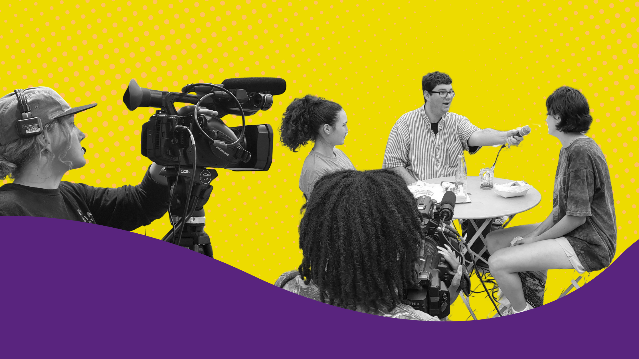 a collage with two people with video cameras, and a group of people sitting around a table